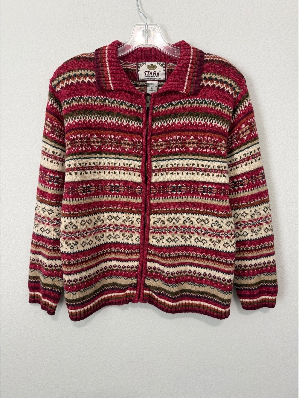 TIARA International Vintage Long Sleeve Zip Front Fair Isle Sweater Size M